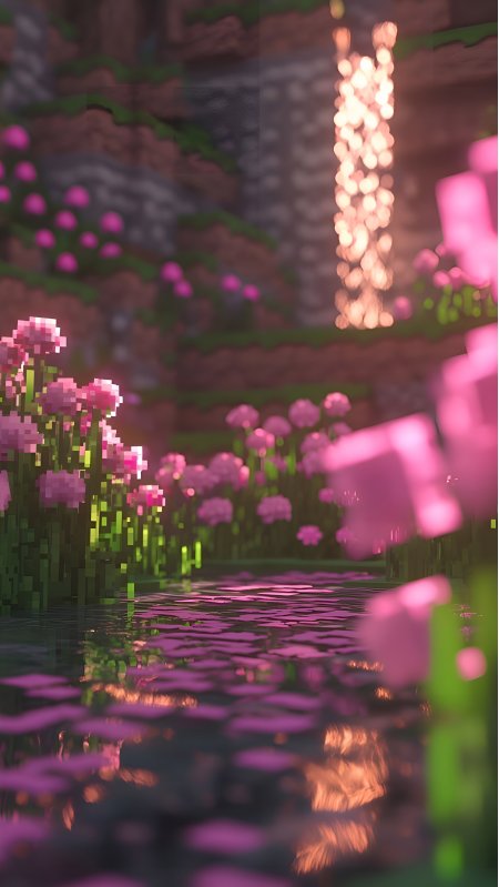 我的世界樱花河畔像素风景 游戏手机壁纸