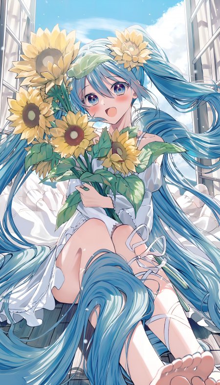 初音未来向日葵花束白裙少女动漫手机壁纸