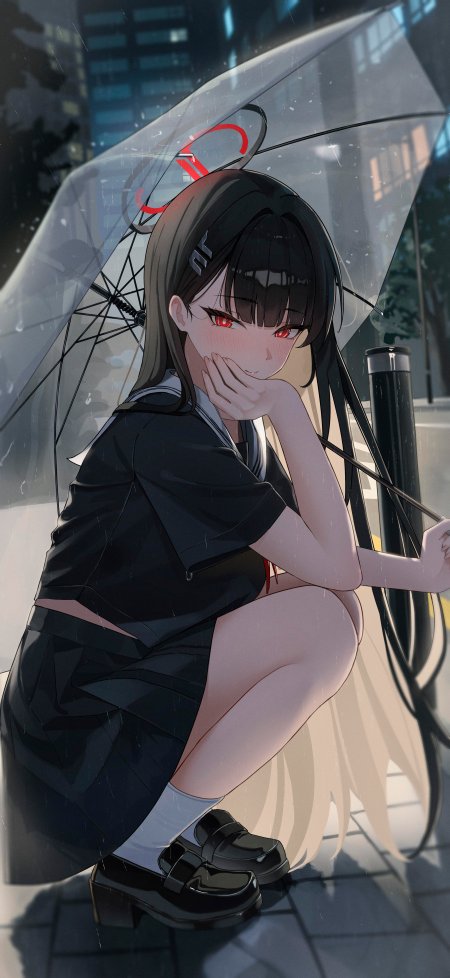 蔚蓝档案调月莉音雨中撑伞场景动漫手机壁纸