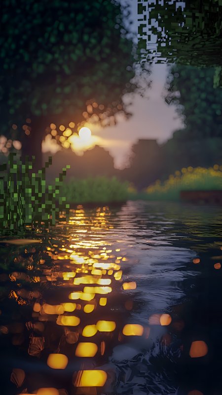 我的世界水面夕阳像素风景游戏手机壁纸