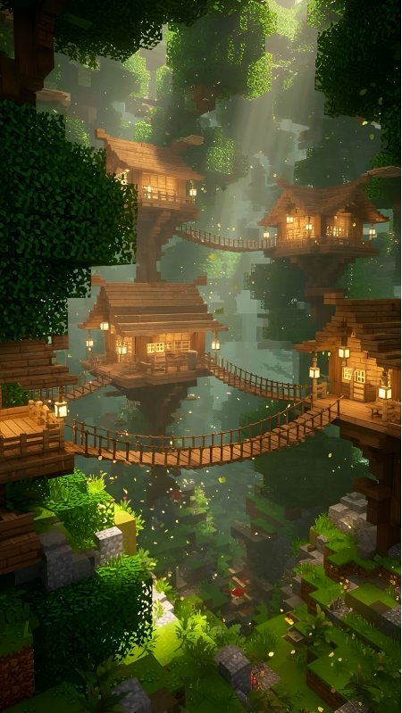 我的世界树屋村落像素风景游戏手机壁纸