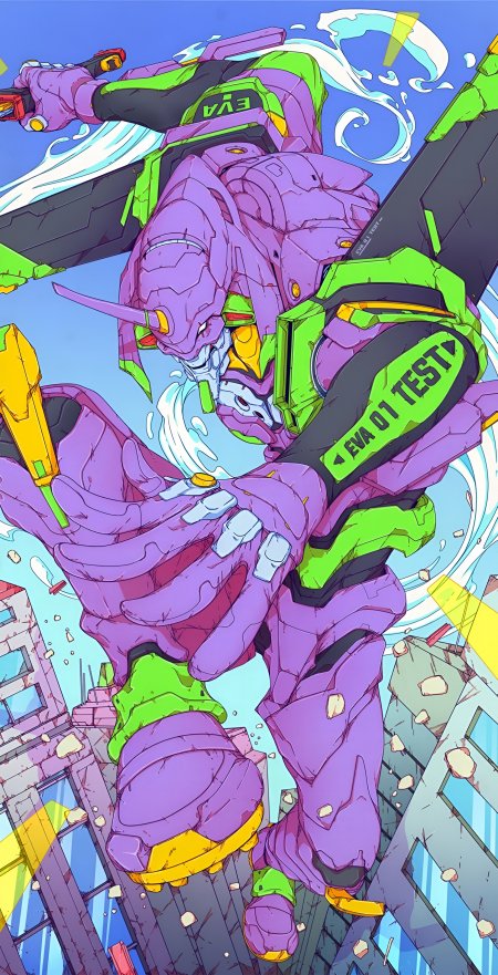 新世纪福音战士初号机城市战斗动漫机甲手机壁纸