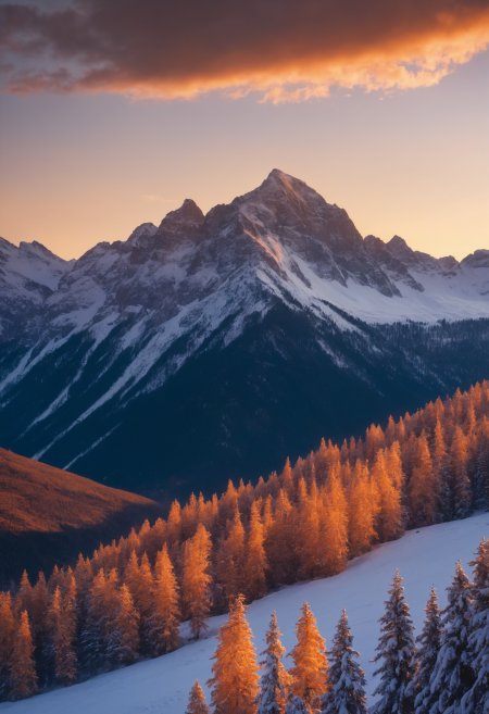 日照金山雪林黄昏温暖壮丽风景手机壁纸