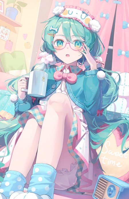 初音未来粉色房间戴眼镜少女动漫手机壁纸