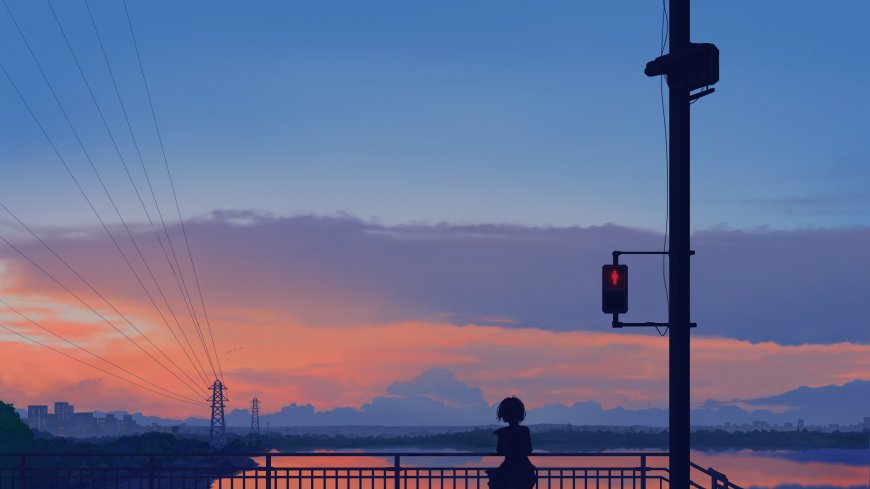 少女剪影眺望晚霞城市天际线黄昏插画卡通电脑壁纸