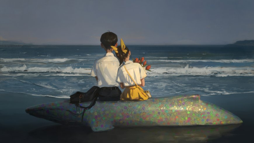 少年少女骑彩色鲸鱼眺望大海治愈系插画卡通电脑壁纸