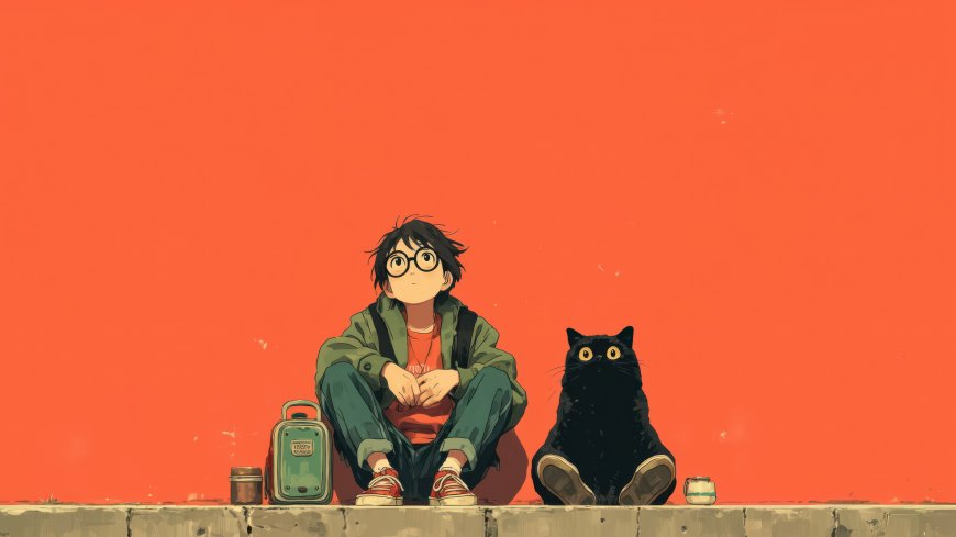 少年与黑猫并肩坐看橙色天空治愈系动漫电脑壁纸