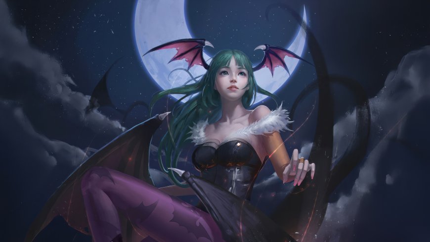 恶魔战士莫莉卡绿发魅魔月夜飞行暗黑幻想动漫电脑壁纸