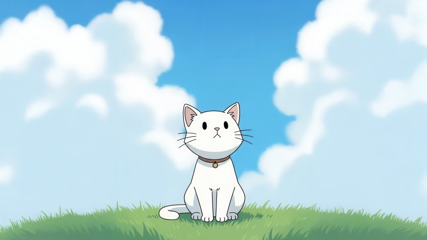 白色猫咪佩戴铃铛项圈仰望天空治愈系动漫卡通电脑壁纸