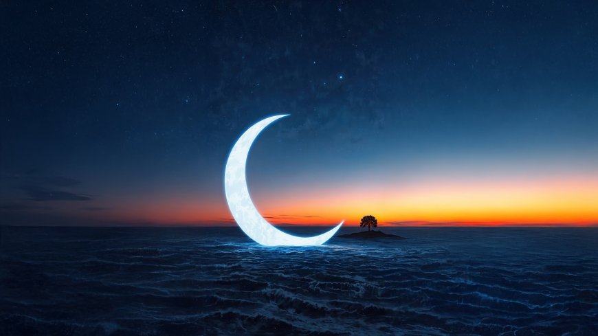 巨型月牙悬浮海面孤树剪影奇幻夜景绘画创意电脑壁纸