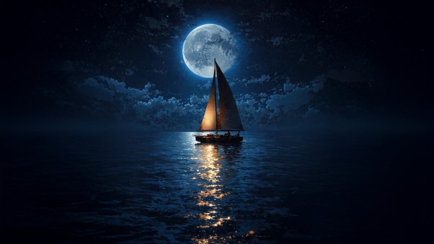 帆船夜航满月倒映海面梦幻星空风景创意绘画电脑壁纸
