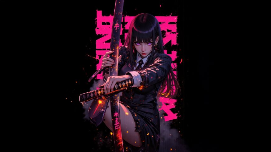 黑长直少女持武士刀赛博朋克风动漫电脑壁纸