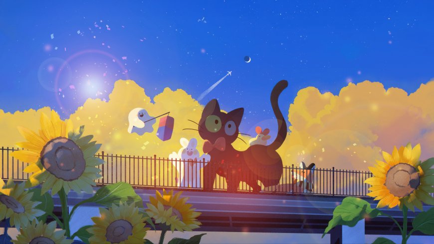 猫猫的奇幻漂流黑猫与动物伙伴向日葵桥边动漫电脑壁纸