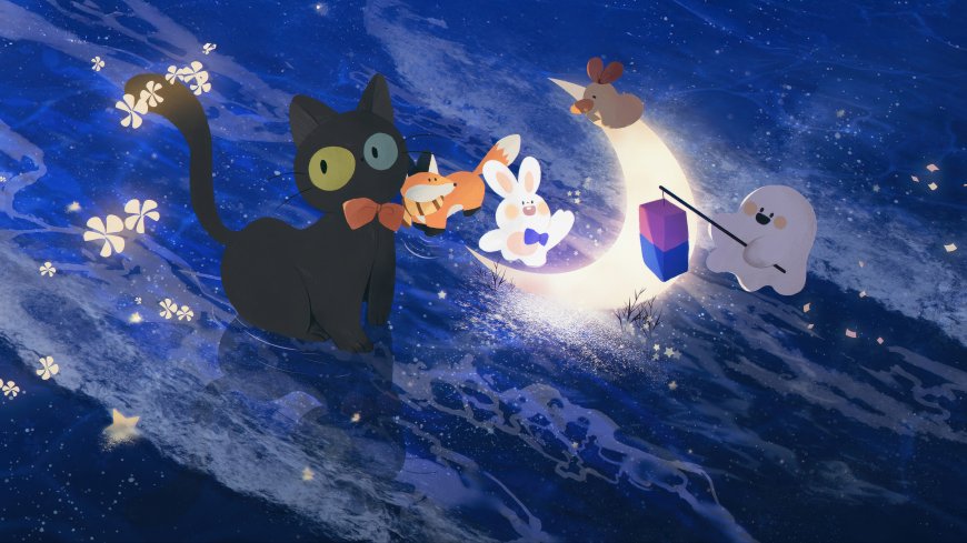 猫猫的奇幻漂流黑猫与动物伙伴乘月漂流梦幻动漫电脑壁纸