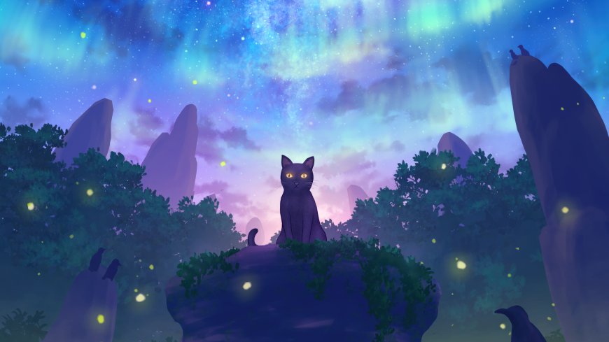 猫猫的奇幻漂流黑猫仰望星空奇幻治愈系动漫电脑壁纸