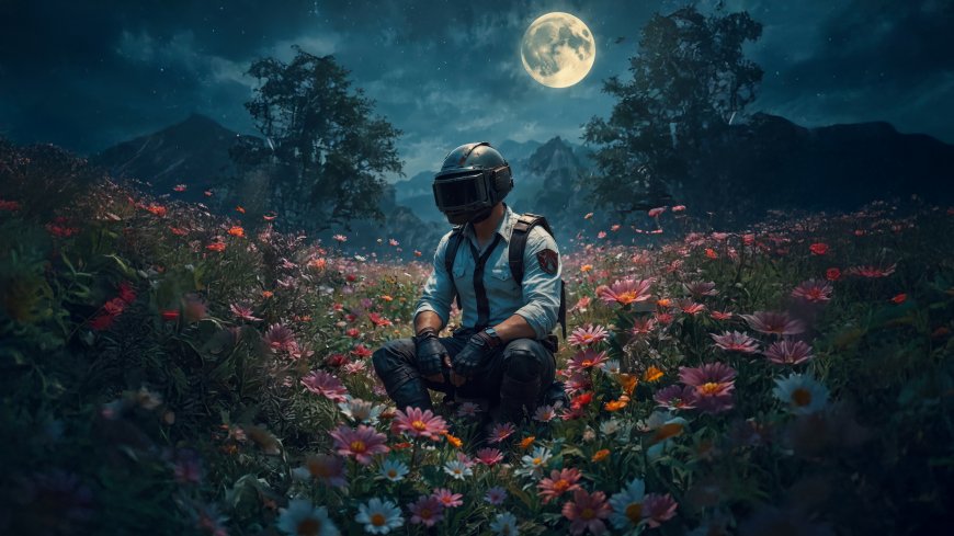 月光下花海中蹲坐绝地求生头盔人物游戏插画电脑壁纸