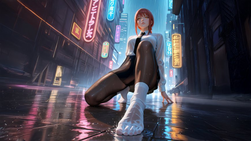 电锯人玛奇玛雨夜霓虹街道跪坐赛博朋克风动漫电脑壁纸