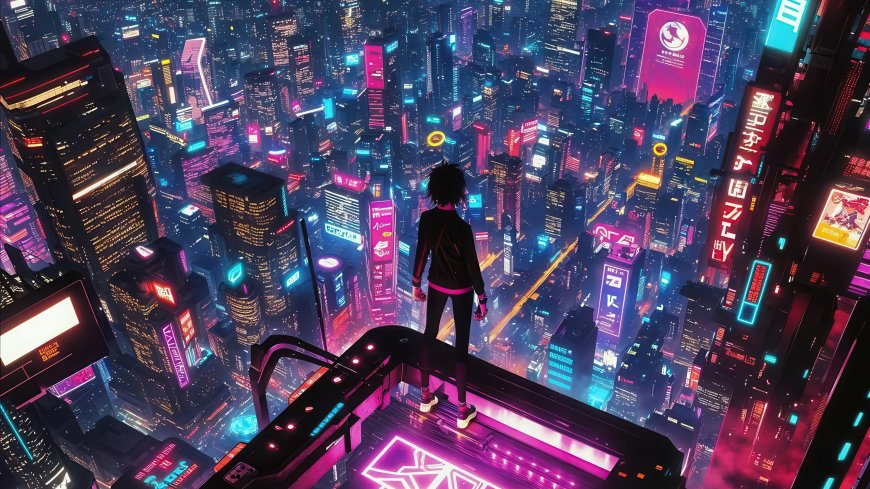 赛博朋克霓虹都市夜景动漫电脑壁纸