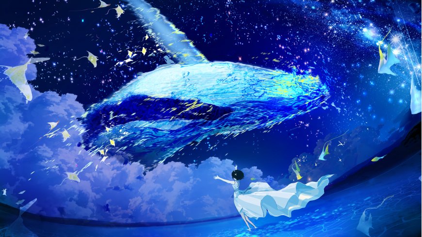 梦幻鲸鱼星空少女治愈系动漫电脑壁纸
