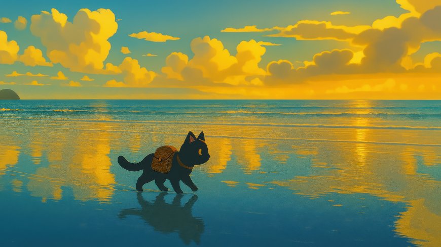 猫猫的奇幻漂流黑猫背包海边日落倒影治愈系动漫电脑壁纸