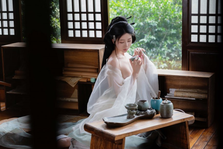 汉服美女坐木桌前执杯饮茶雅致风摄影手机壁纸