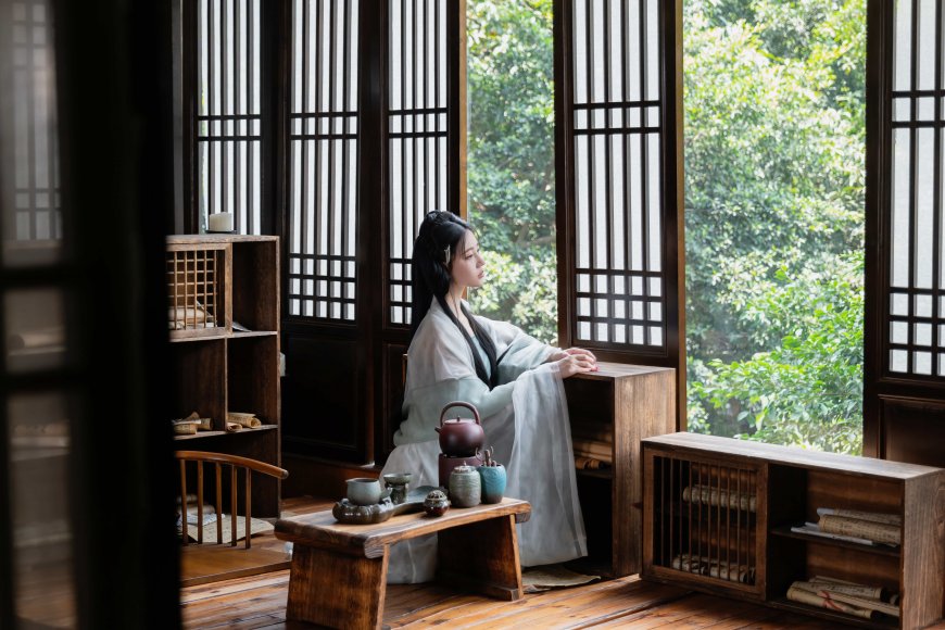 古风美女坐窗边望窗外绿植宁静风摄影手机壁纸