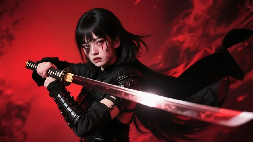 少女持武士刀战斗姿态暗黑风动漫电脑壁纸