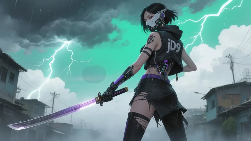 赛博女剑士持紫光刀立于雷雨街道科幻风动漫电脑壁纸