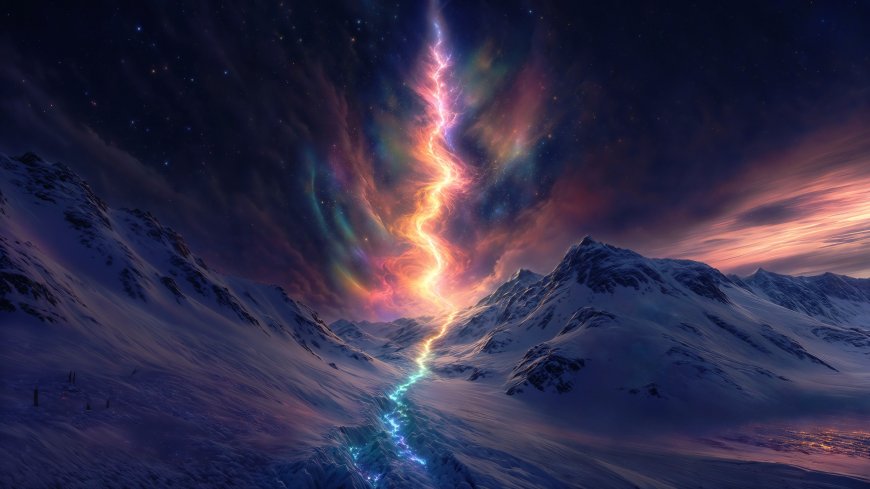 雪山峡谷夜空彩色闪电奇幻光影风景电脑壁纸
