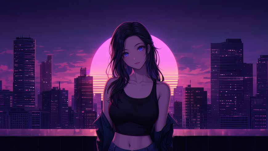 少女立于霓虹都市夜景赛博朋克风动漫电脑壁纸