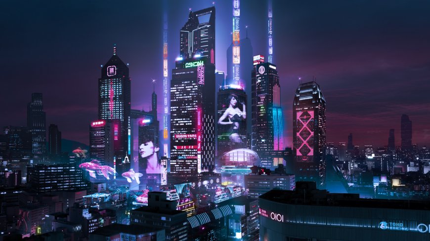 赛博朋克都市夜景霓虹高楼与空中金鱼创意电脑壁纸