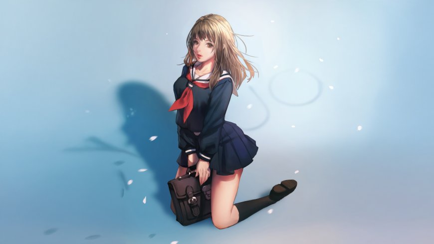 少女穿水手服跪坐提书包唯美二次元动漫电脑壁纸