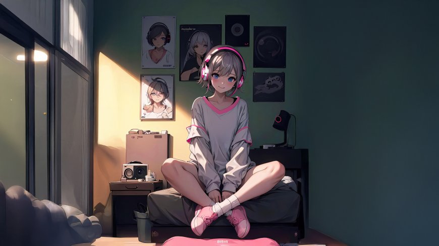 少女戴粉耳机坐房间听歌动漫电脑壁纸