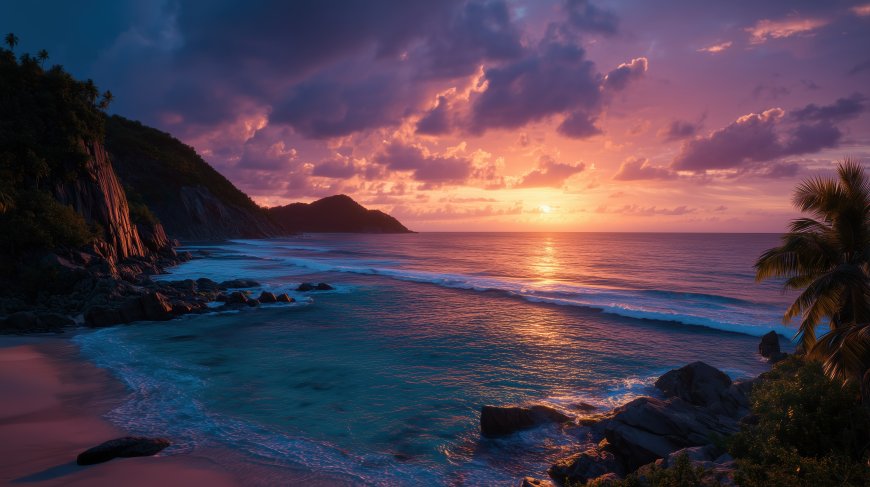 热带海岸日落彩霞海浪礁石棕榈树唯美风景电脑壁纸
