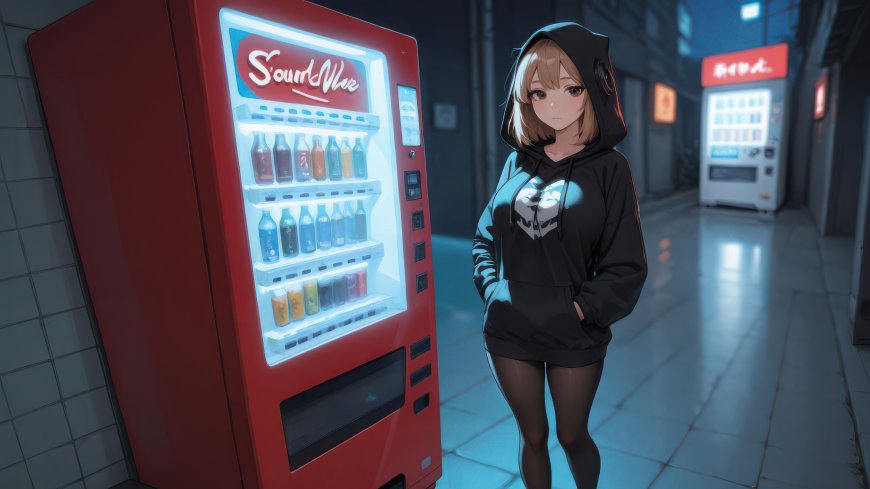 少女穿黑连帽衫站自动售货机旁赛博朋克动漫电脑壁纸