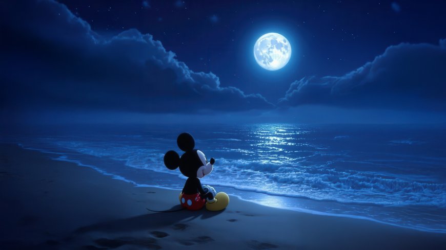 米老鼠坐海滩望满月夜空迪士尼风电脑壁纸