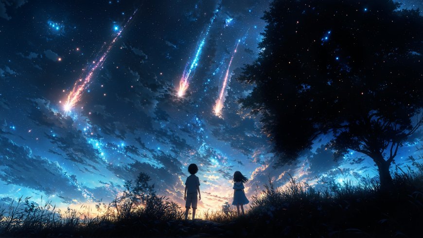 男孩女孩仰望流星雨夜空唯美动漫风景电脑壁纸