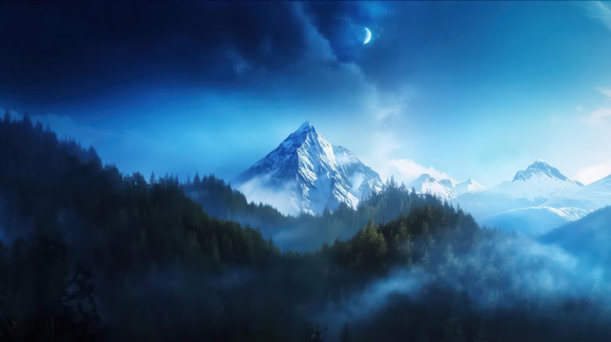 月光下雪山森林云雾缭绕静谧夜景风景电脑壁纸