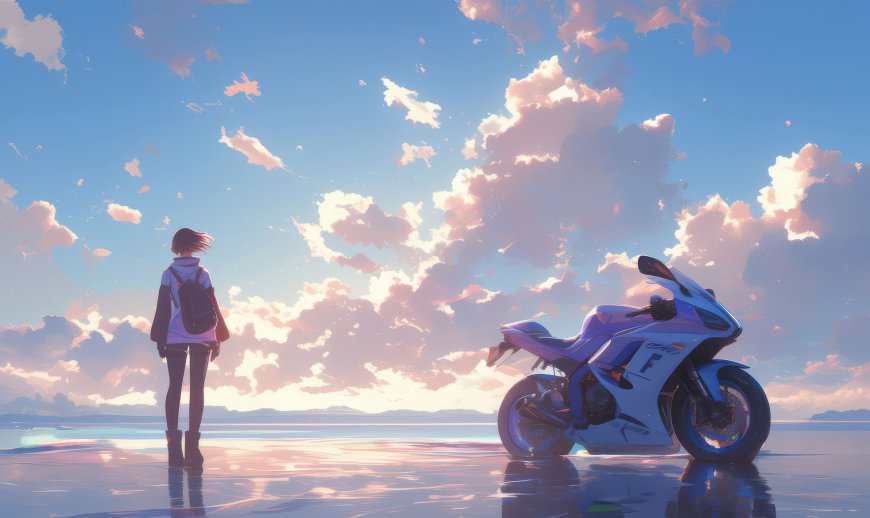 少女与摩托伫立海边日落云海唯美二次元电脑壁纸