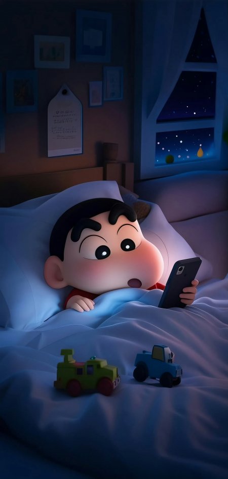 蜡笔小新床上看手机夜晚温馨动漫手机壁纸