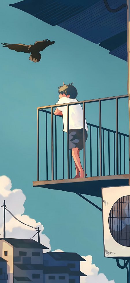少年阳台望飞鸟夏日清新治愈动漫手机壁纸