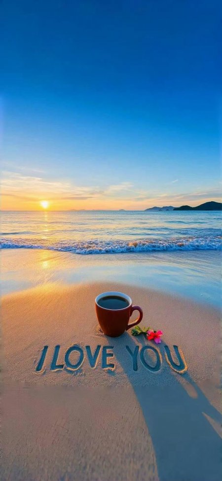 沙滩咖啡杯日落海景浪漫告白风景手机壁纸