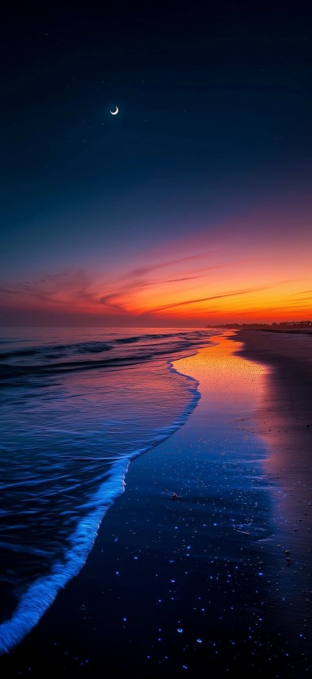 海边日落月牙星空倒影浪漫风景手机壁纸