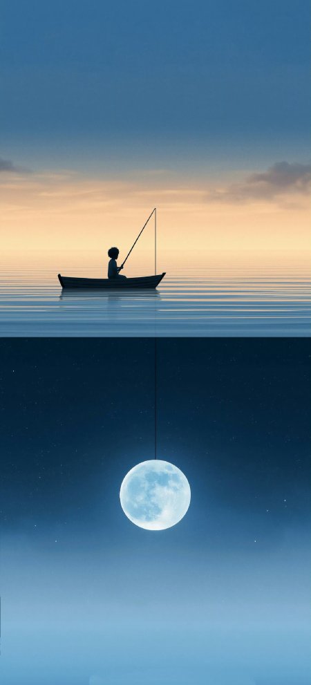 少年小舟垂钓满月奇幻静谧创意风景手机壁纸