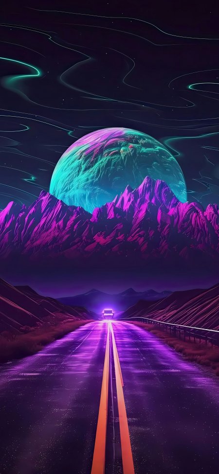 赛博公路通向异星巨月科幻动漫手机壁纸