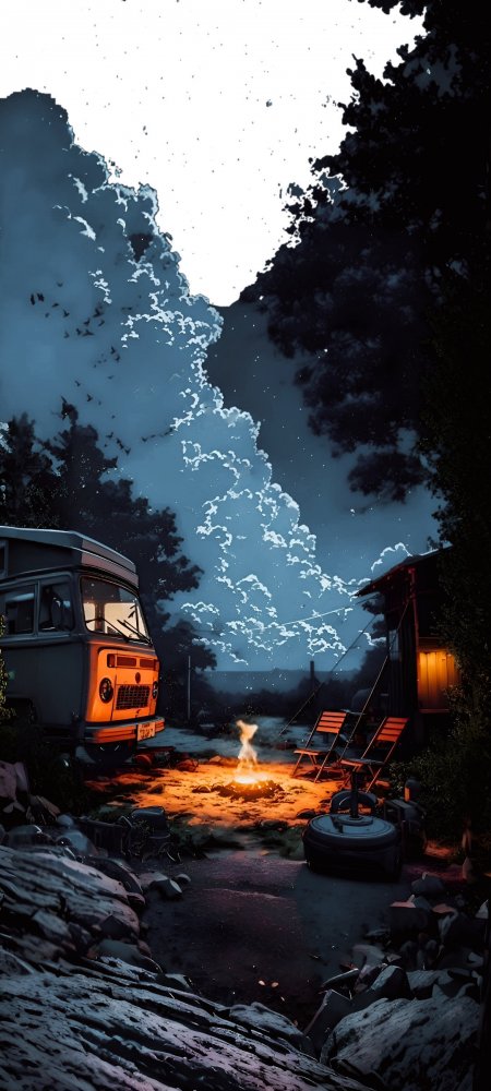 森林露营房车篝火星空夜景治愈动漫手机壁纸