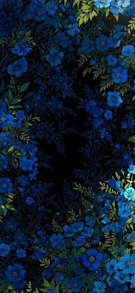 深蓝色花朵绿叶环绕黑色背景神秘优雅植物手机壁纸