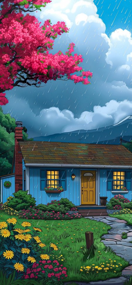 雨中蓝屋粉花树温馨治愈动漫风景手机壁纸