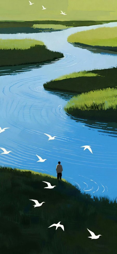 少年伫立河畔飞鸟掠过宁静治愈插画手机壁纸