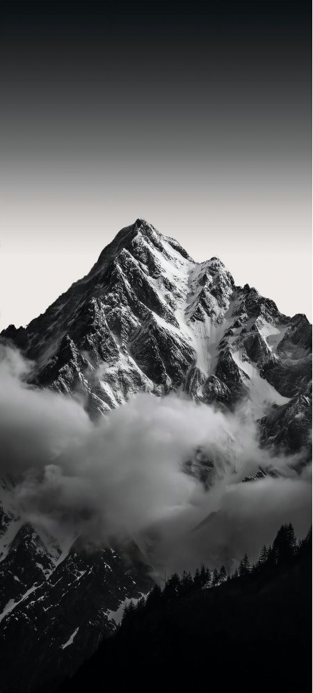 黑白雪山云海翻涌冷峻巍峨风景手机壁纸